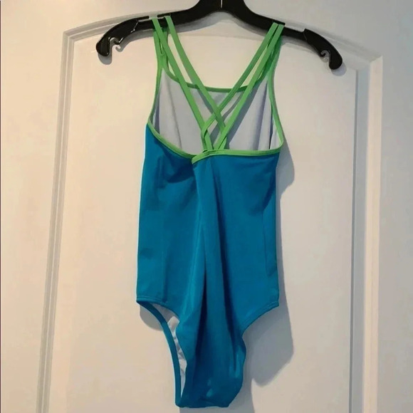 SPEEDO Girls Racerback Swimsuit Blue Metallic One-Piece - Picture 3 of 4